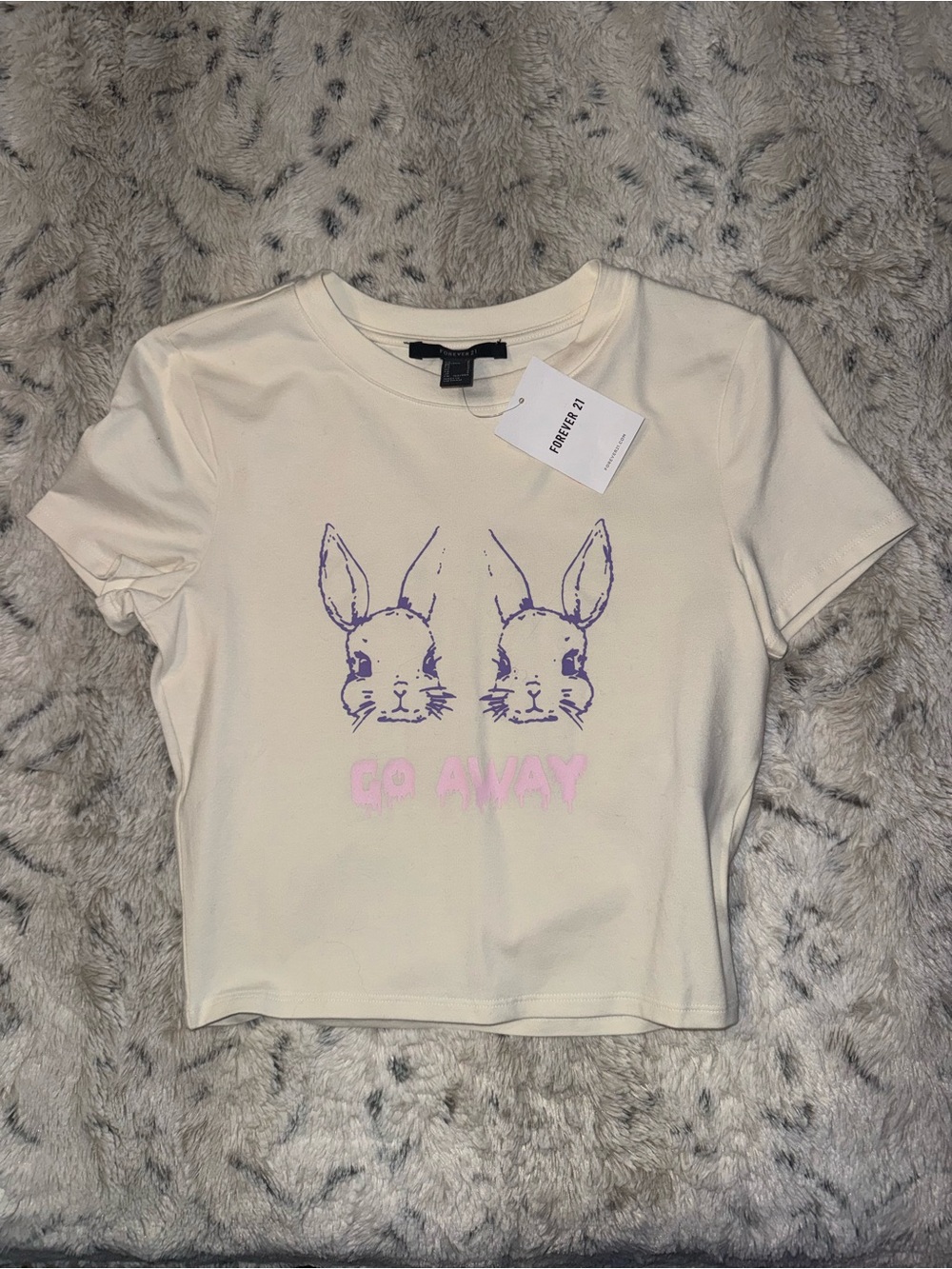 New with tags Forever 21 Y2k Cream Tee with Lavender Bunny Graphic and Pink Text
